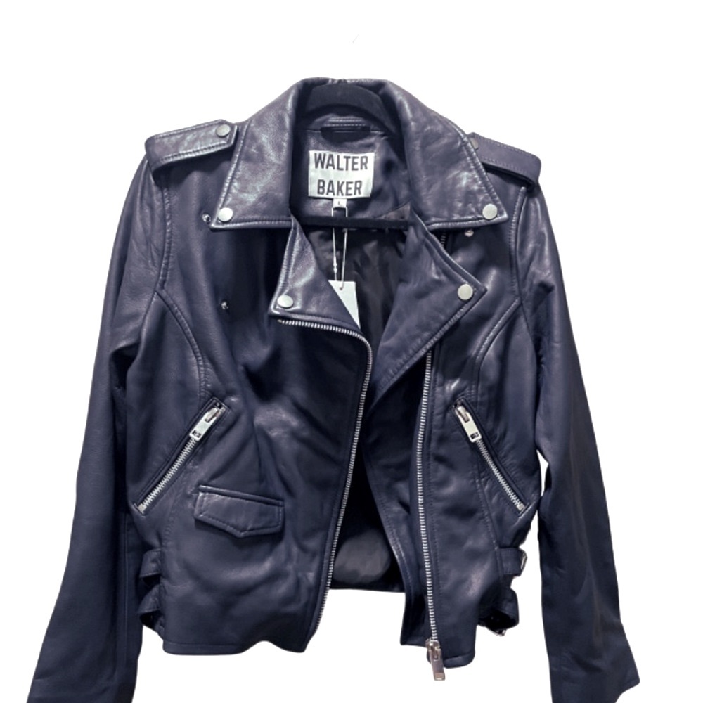 NEW Walter Baker Women’s Navy Leather Size Large Biker Moto Jacket NEW WITH TAGS